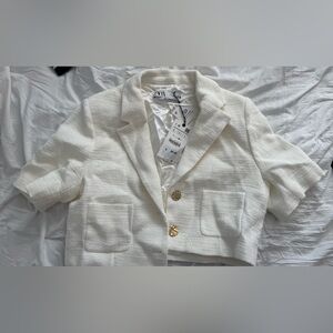 Zara White Corduroy Blazer with Ribbed Texture